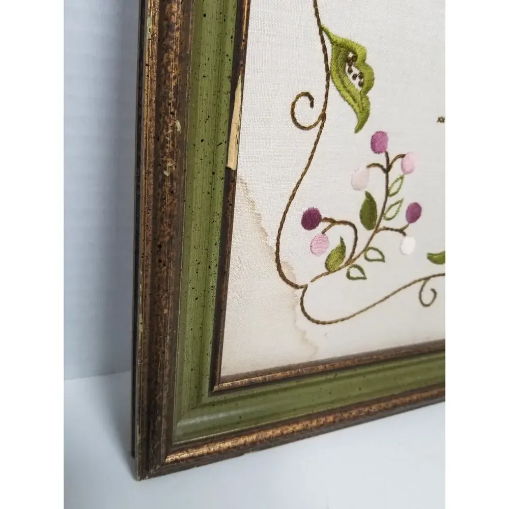 Vintage 18x20 Framed Handmade God Grant Serenity Cross Stitch Embroidery Floral